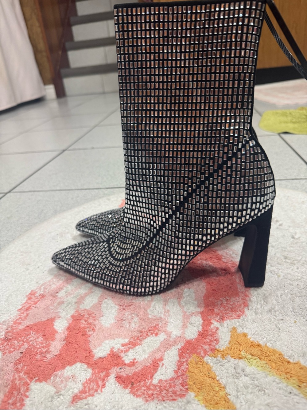 Wild Pair Black Rhinestone Grid Pointed Toe Ankle Boots